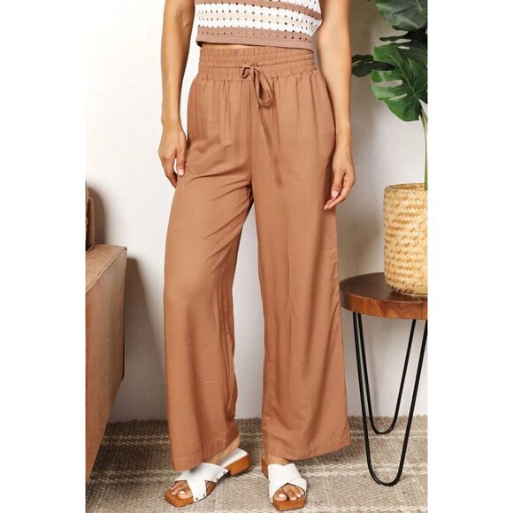 Double Take Drawstring Smocked Waist Wide Leg Pants - Picture 1 of 5
